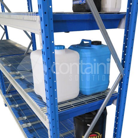 Bunded Storeman® Longspan Shelving - Starter Bay – Includes 4 Bunds and Mesh Decks - Containit Solutions